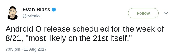 Android O release on August 21