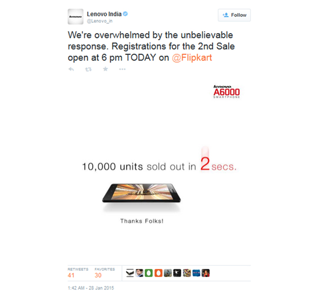 Lenovo A6000 first Sale ended in 2 seconds