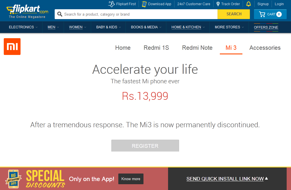 Xiaomi Mi3 Discontinue on Flipkart