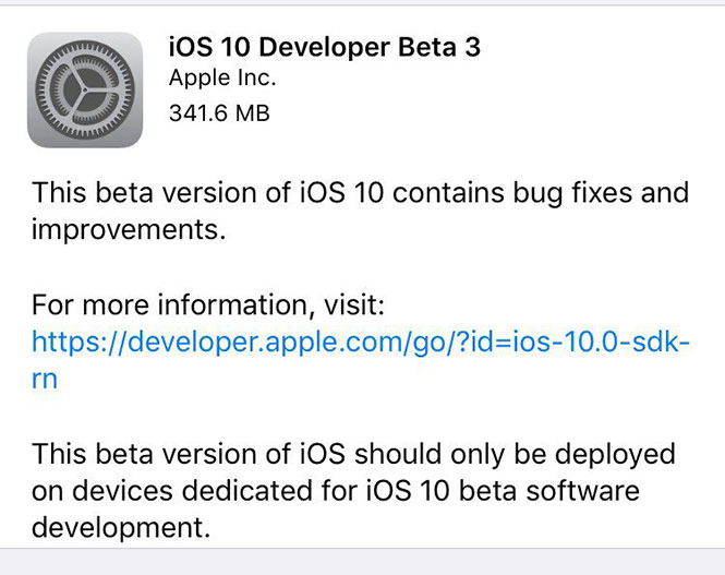 Third Developer Beta Release of iOS 10