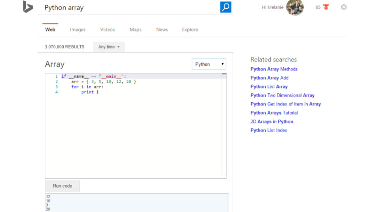 Bing now demonstrates code snippets right on its search result pages