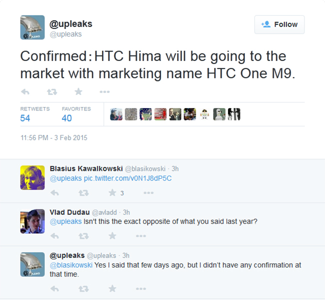 Upleaks tweet for HTC One M9 name