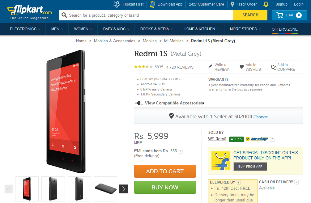 Xiaomi Redmi 1S sale on Monday